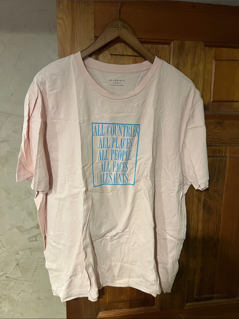 All Saints Pale Pink Graphic Tee with Blue Print